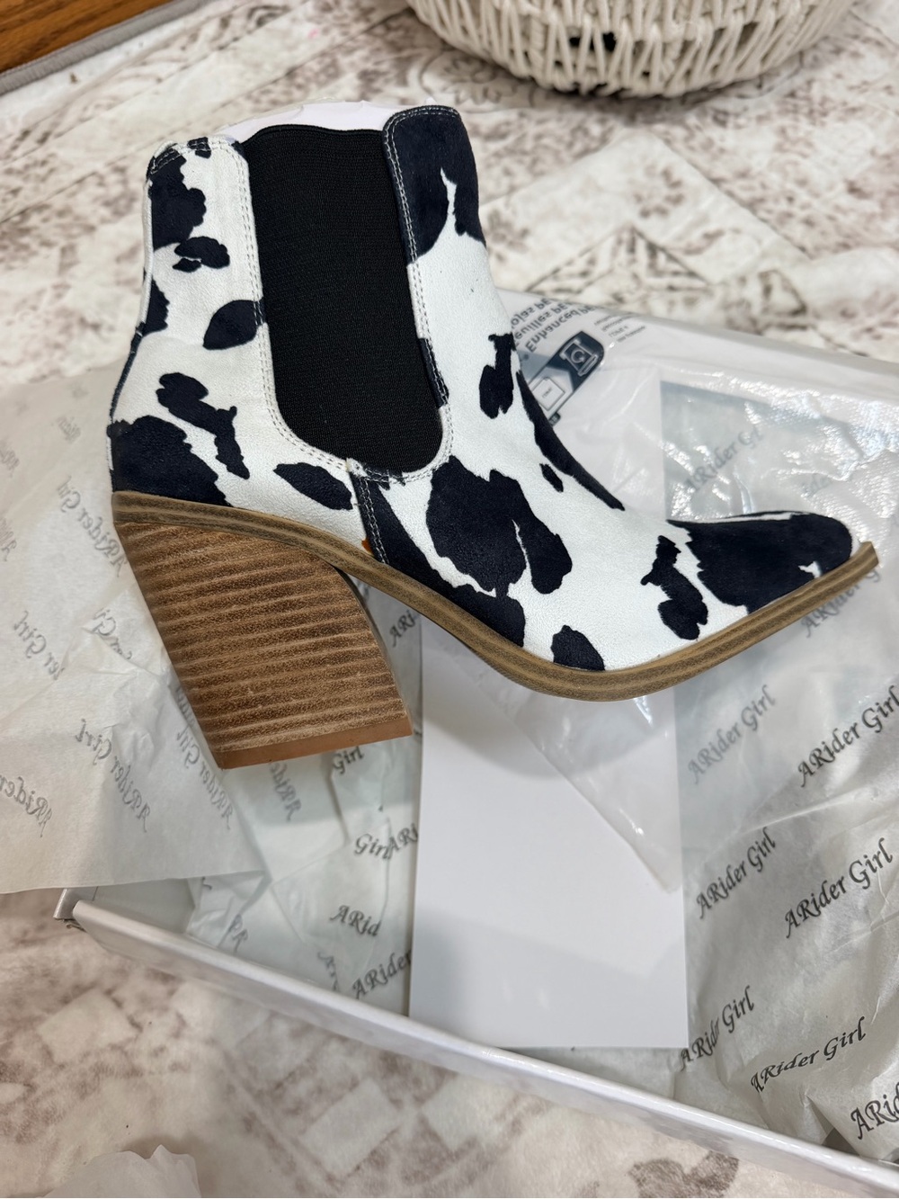 Cow-Print Chelsea Ankle Bootie with Stacked Heel - Black & White
